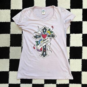 Y2K Ed Hardy Light Purple Cross Graphic Tee M